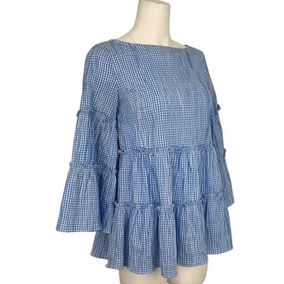 Sara Campbell Ruffle Tiered Tunic Top Blouse S Blue Gingham Bell Sleeve - Picture 4 of 14